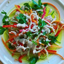 Пъстра азиатска салата с таханов дресинг