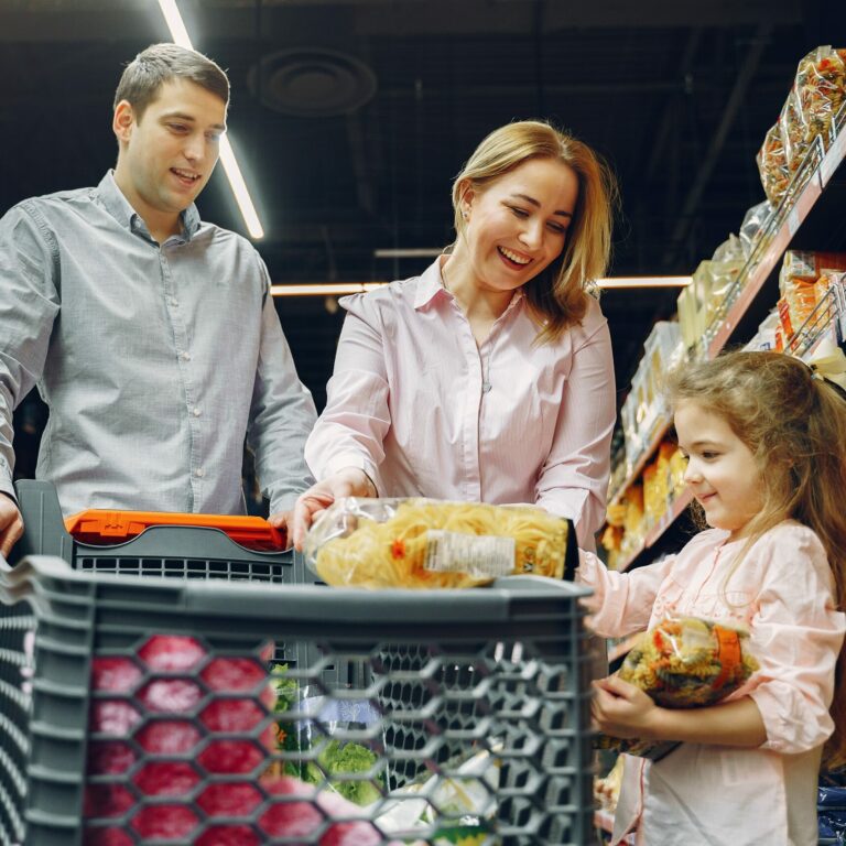 family with kid shopping food